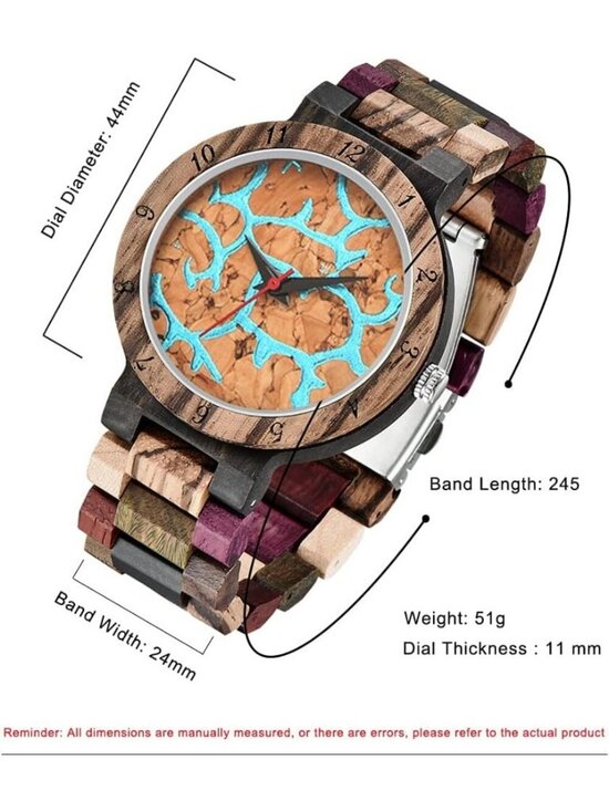 Amazon.com: BEWELL Wooden Watches Handmade Natural Colorful  Men\'s Multi Color Classic Handmade Colorful Bamboo Analog Quartz Wooden Watch